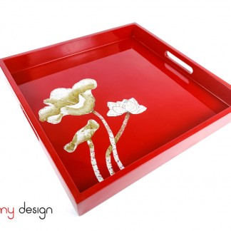 Red square lacquer tray hand-painted with lotus 35 cm